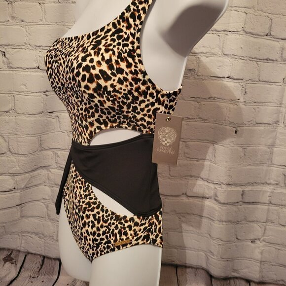 Vince Camuto Printed One-Shoulder Wrap Tie One-Piece - Picture 4 of 5